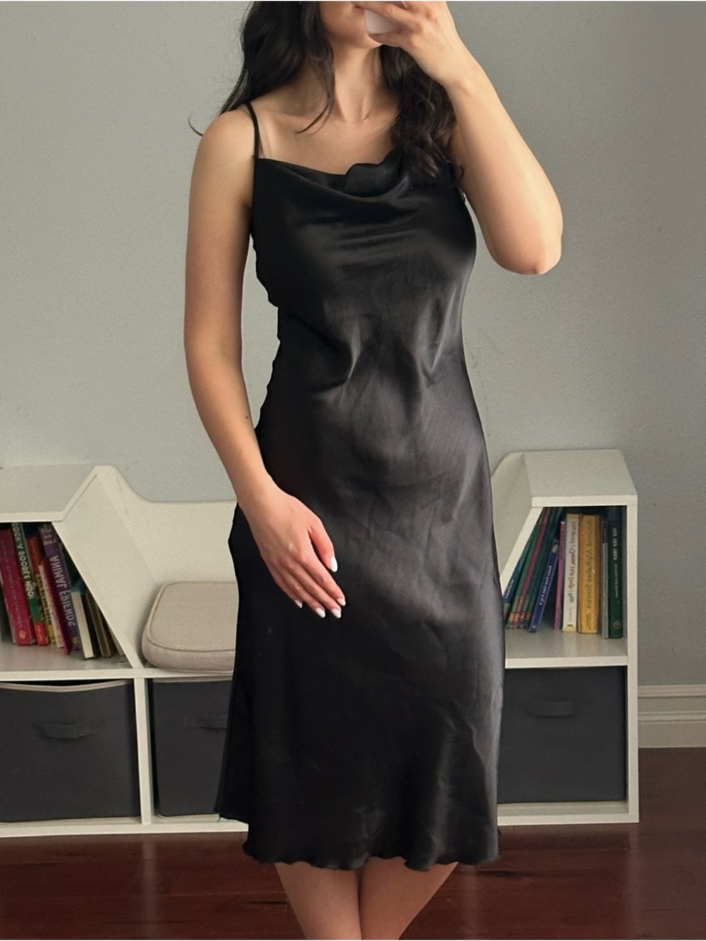 bebe Black Satin Cowl Midi Dress